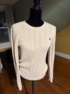 Ralph Lauren Cream Cable Knit Crew Sweater with Polo Pony